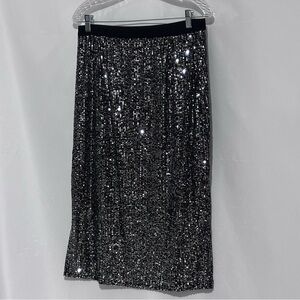 Black Silver Sparkly Sequin Pencil Skirt Knee Length Medium
